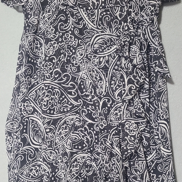 CALVIN KLEIN Women's Black Belted Hi Lo Paisley Surplice Neck Midi Dress -Size 6 - Picture 8 of 16